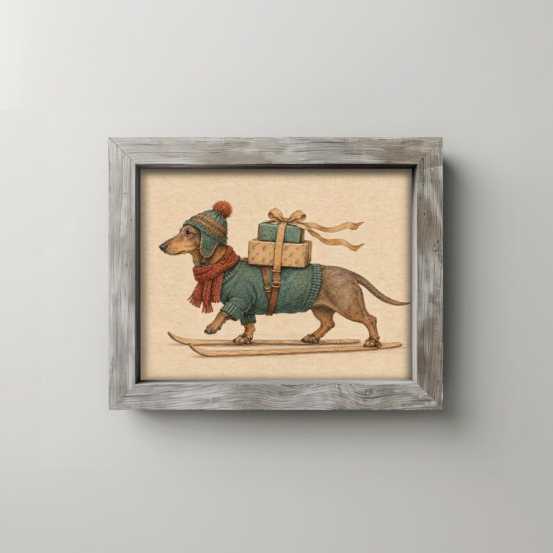 Long-haired dog in knit sweater and hat wall art — festive winter character with wrapped presents