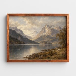 Tranquil mountain lake digital download featuring sheep grazing along shore — countryside grandeur poster