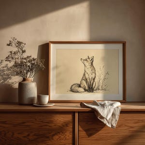 Fox gazing upward wall art for bedroom — fine linework illustration on cream background with rustic aesthetic