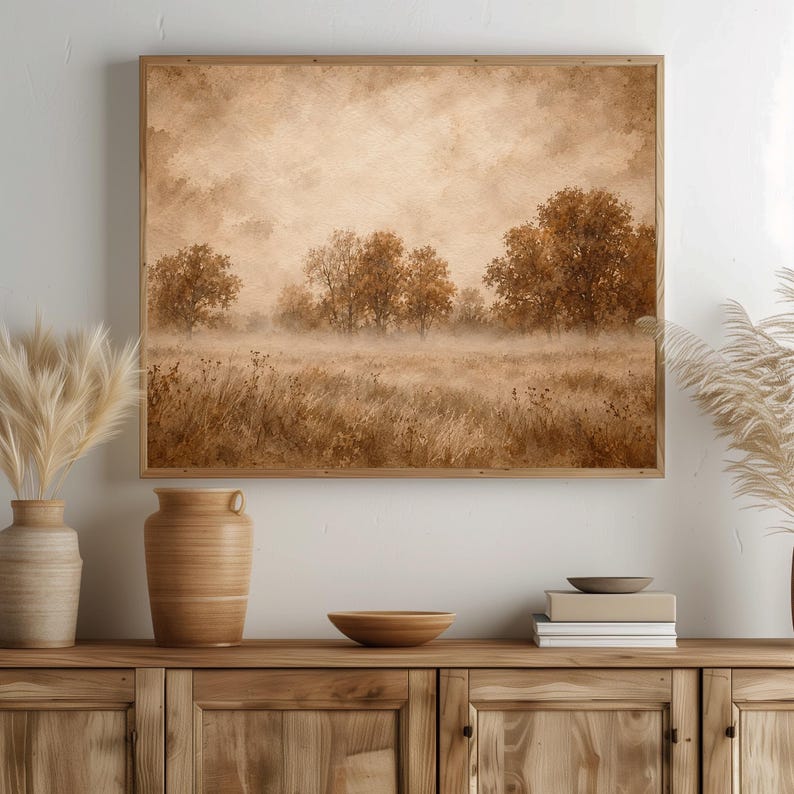 Quiet pastoral scene wall art for study — vintage-inspired autumn with muted tones and dreamy haze