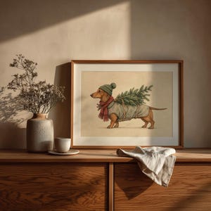 Weiner dog holiday portrait wall art — soft neutral tones vintage-style seasonal painting