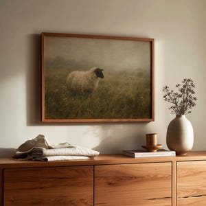 Rural landscape sheep picture — cottagecore wall decor with cream, green and brown vintage tones