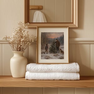 Festive winter forest scene digital download — cozy generational Christmas memory with soft muted colors and rustic charm