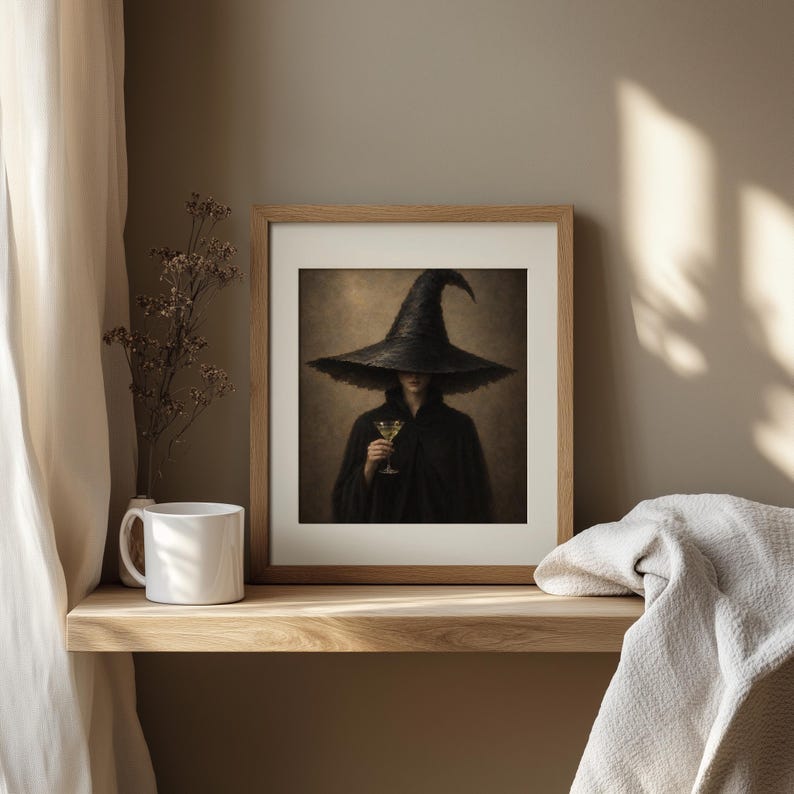Witch in pointed hat holding cocktail glass printable art for Halloween bar décor — spooky vintage portrait