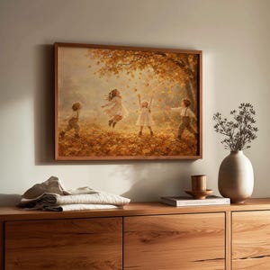 Playful children in vintage clothing picture printable art for nursery — golden-hour autumn landscape with misty background