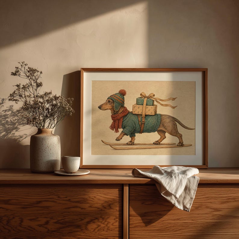 Holiday-inspired long dog picture — cozy festive illustration with skis, scarf, and ribbon-wrapped gifts