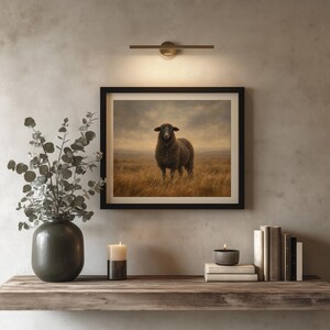Grazing sheep digital print — cottagecore artwork featuring earthy tones and serene rural landscape
