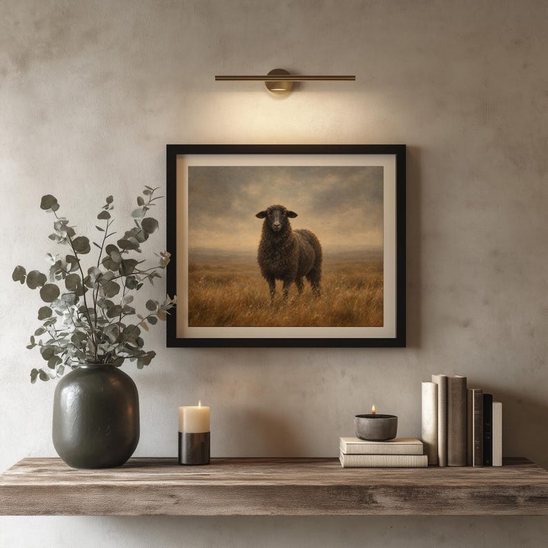 Grazing sheep digital print — cottagecore artwork featuring earthy tones and serene rural landscape