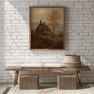 Rustic farmhouse picture for study — soft brushstrokes, layered landscape, and vintage charm