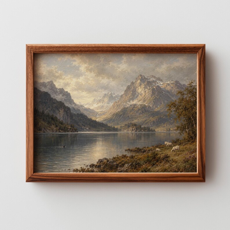 Towering summits and still waters printable landscape — rustic vintage painting for any room