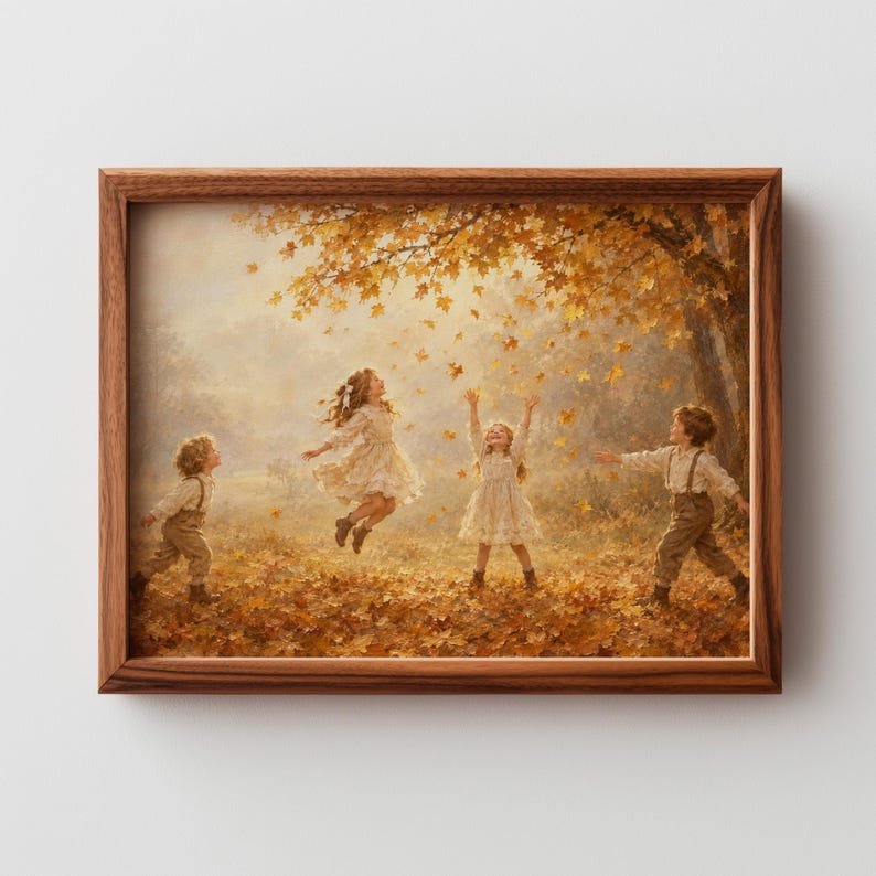 Golden autumn tree with playing children poster for nursery — classic vintage painting capturing seasonal joy and pastoral beauty