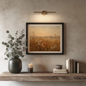 Vintage countryside flowers picture for hallway — antique-style print with swaying grasses and distant tree line