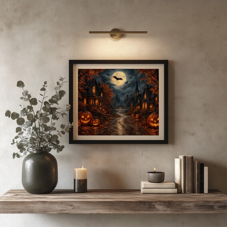 Moody Halloween night artwork digital print for living room — textured vintage rendering featuring glowing pumpkins and eerie houses