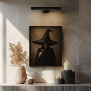 Spooky female sorcerer holding beverage painting wall art for game room — rich textured Halloween décor