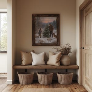 Snowy forest holiday tradition digital print for cottage — heartwarming vintage aesthetic with multigenerational family and wintry landscape