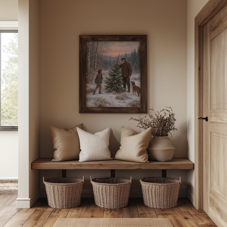 Snowy forest holiday tradition digital print for cottage — heartwarming vintage aesthetic with multigenerational family and wintry landscape
