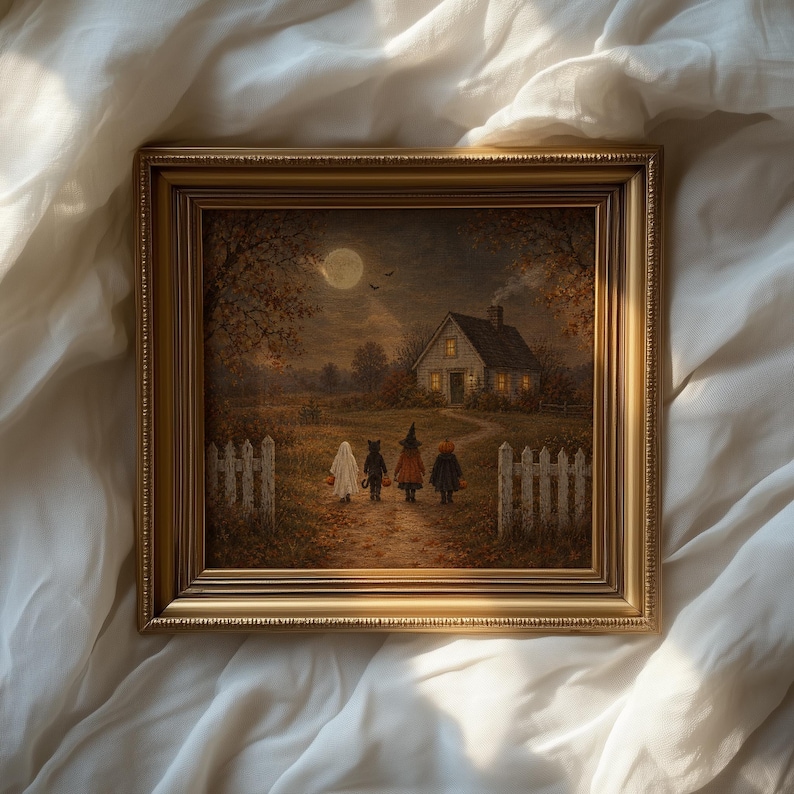 Vintage-style trick-or-treat painting wall art for nursery — muted palette with spooky-sweet nostalgic charm