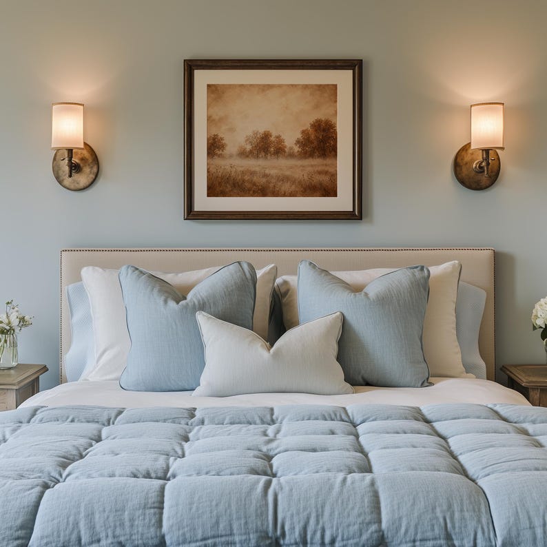 Faded antique autumn painting for living room — tranquil rural scene with muted burnt-sienna palette