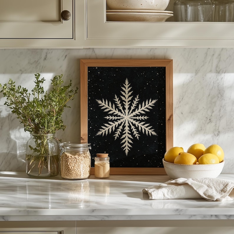 Vintage frost geometry artwork instant download for gallery wall — delicate cream illustration on deep black atmospheric background