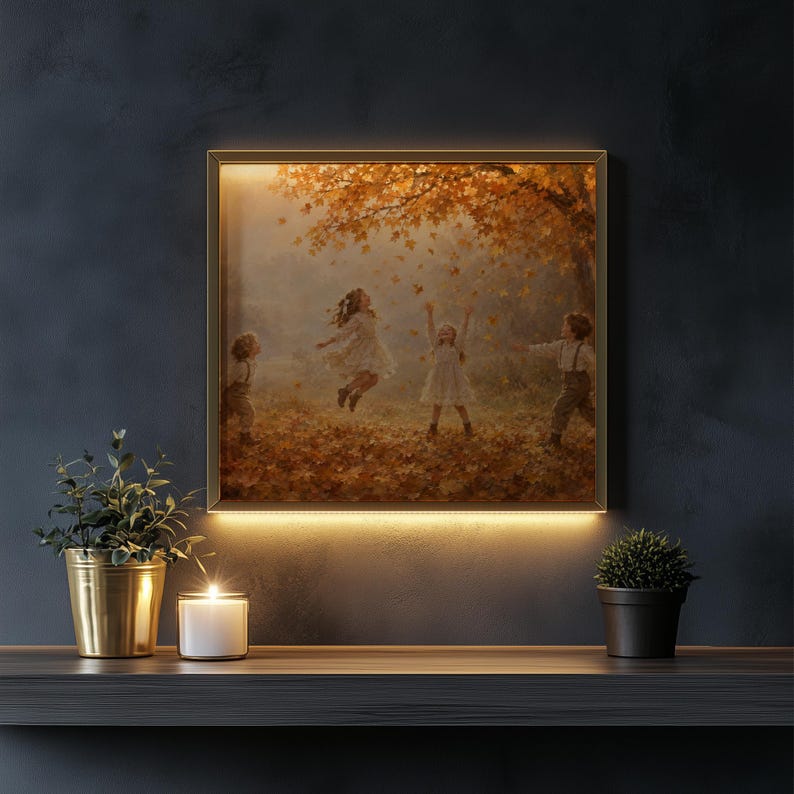 Kids playing in fall leaves digital artwork for nursery — pastoral scene with soft painterly style and warm muted tones