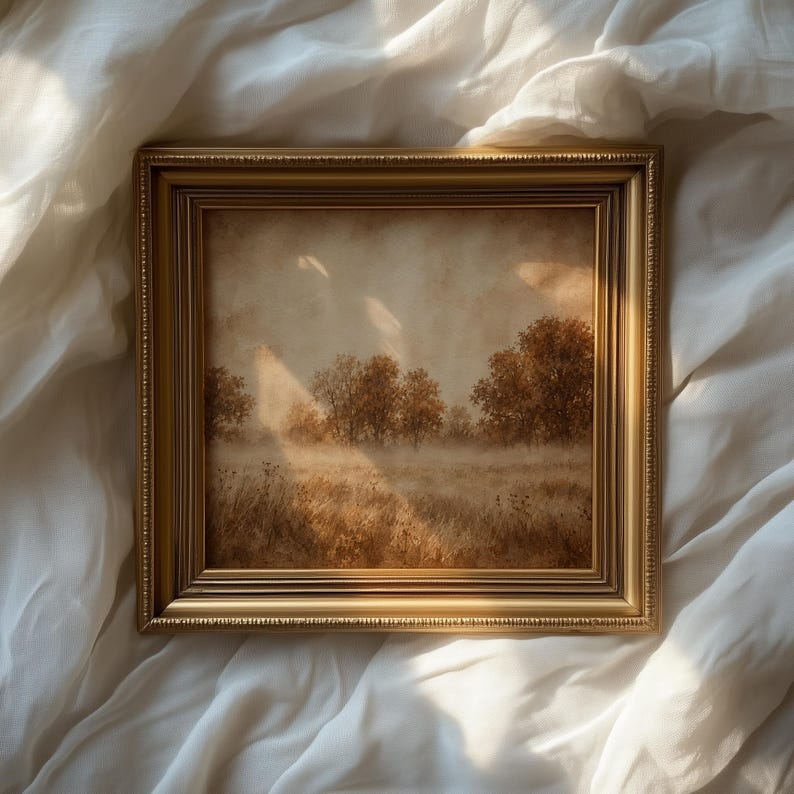 Golden harvest field artwork instant download — cozy rustic ambiance with faded painterly style
