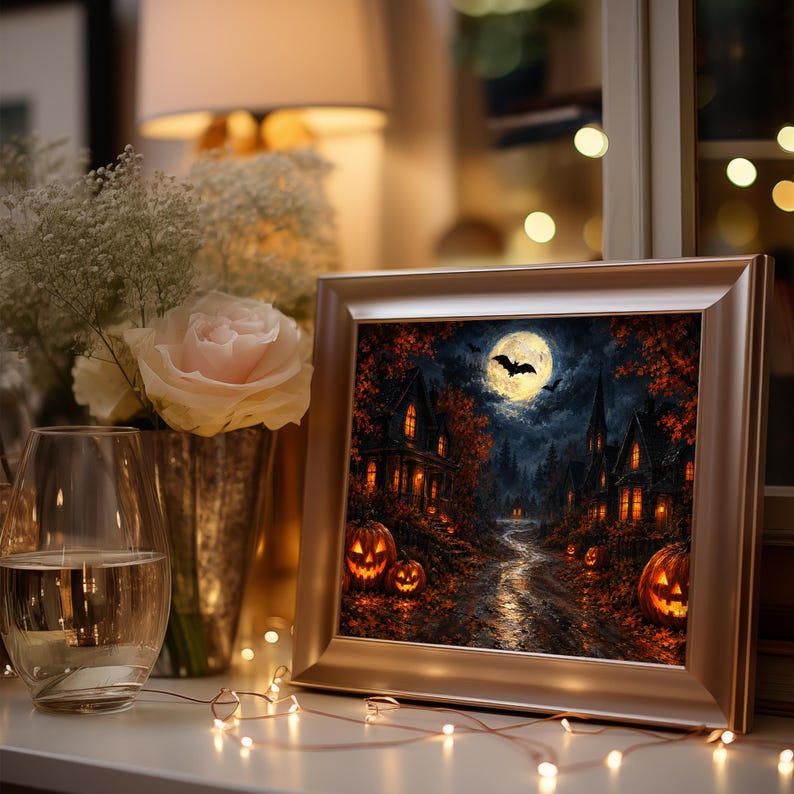 Moody autumn night digital print for entryway — textured brushstrokes showing glowing houses and festive jack-o'-lanterns