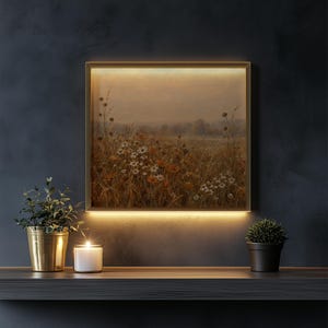 Golden grassland poster instant download — cozy farmhouse aesthetic with scattered wildflowers and soft sky