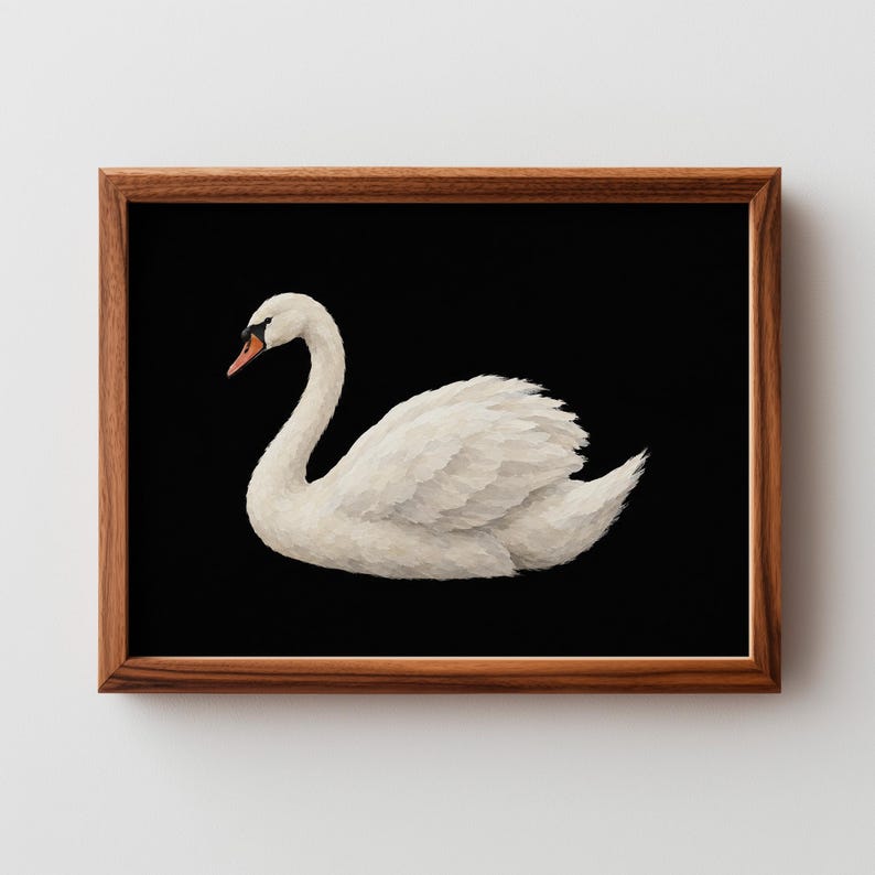 Timeless waterfowl painting picture — white swan with vintage character, warm beak tone, and gallery-quality contrast