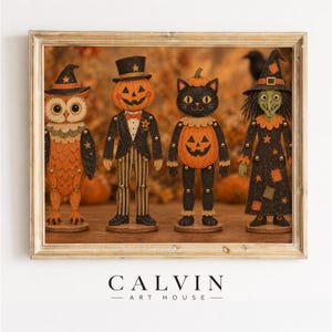 Retro Halloween character illustration wall art — articulated folk-toy design in cream, orange, and charcoal tones