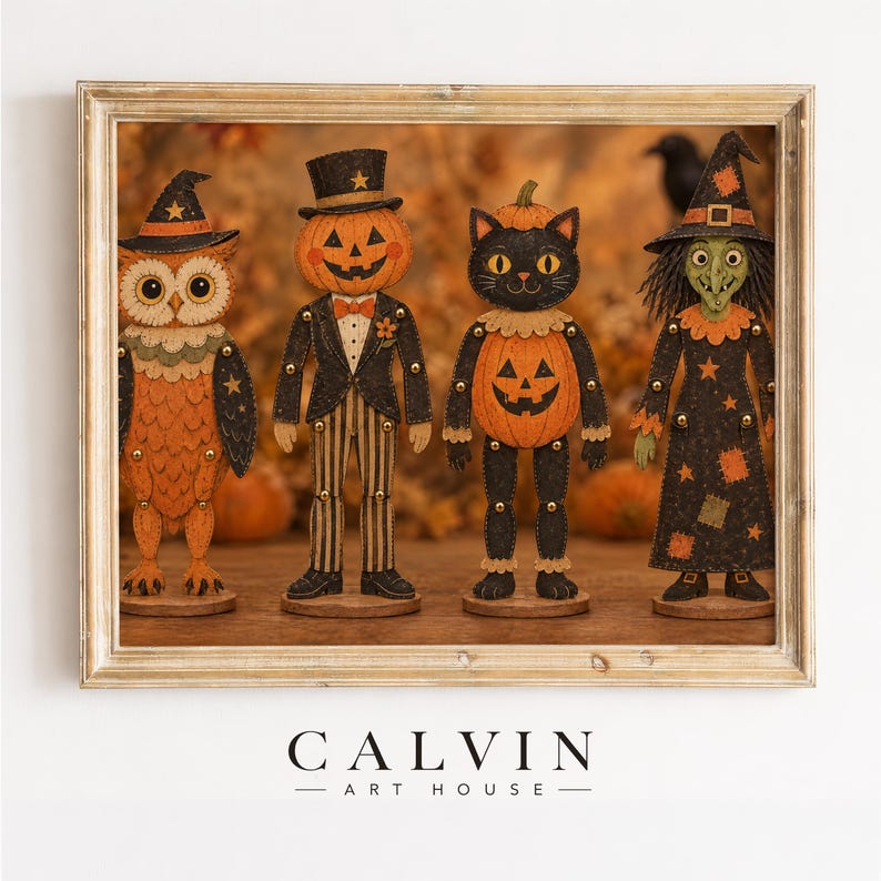 Retro Halloween character illustration wall art — articulated folk-toy design in cream, orange, and charcoal tones
