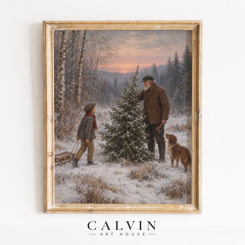 Elderly gentleman with young child winter picture — nostalgic holiday forest scene perfect for traditional home gallery wall