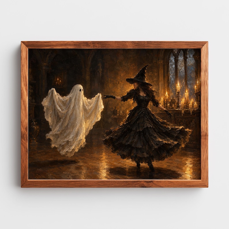 Dancing ghost and witch in elaborate gown printable picture for gallery wall — spooky vintage artwork with romantic atmosphere and rich amber palette