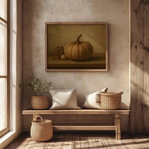 Pumpkin still life picture for fall decor — soft brushwork against blurred background in earthy browns and sage