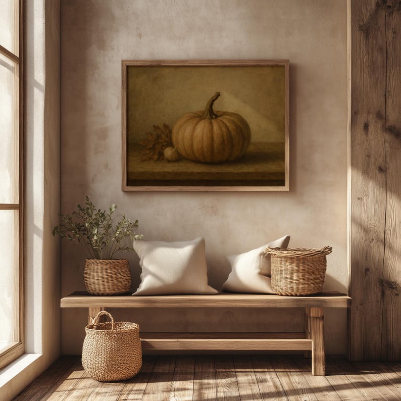 Pumpkin still life picture for fall decor — soft brushwork against blurred background in earthy browns and sage