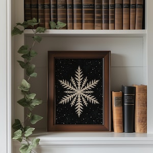 Sophisticated snowflake artwork instant download for study — cream-toned vintage design with dark atmospheric setting