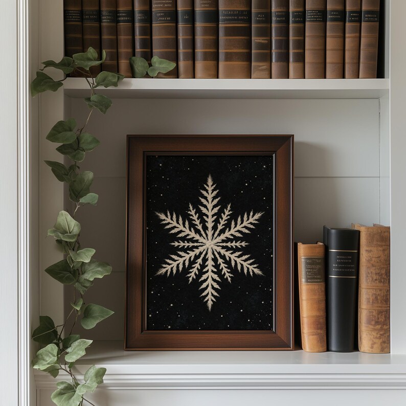 Sophisticated snowflake artwork instant download for study — cream-toned vintage design with dark atmospheric setting