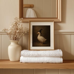 Witch-hatted waterfowl painting for living room — vintage portrait style with shadowy atmospheric feel