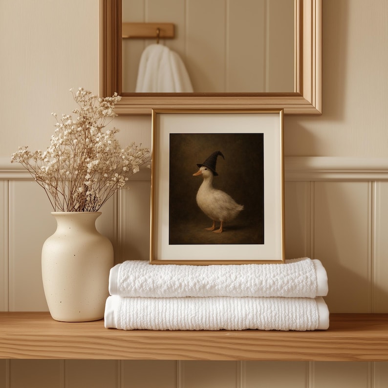 Witch-hatted waterfowl painting for living room — vintage portrait style with shadowy atmospheric feel