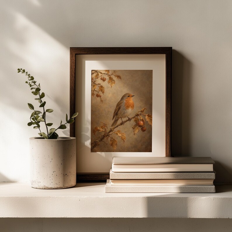 Orange-breasted robin digital print for farmhouse — moody nature study with golden leaves