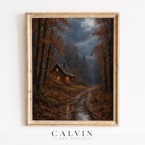 Woodland cabin evening picture wall print — atmospheric dusk with golden window warmth amid trees