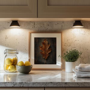 Autumn foliage poster wall art for den — sophisticated woodland leaf with distressed finish