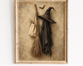 Vintage-Kunstdruck mit Hexenhut und Besen, rustikale Halloween-Wandkunst (Digitaler Download)
