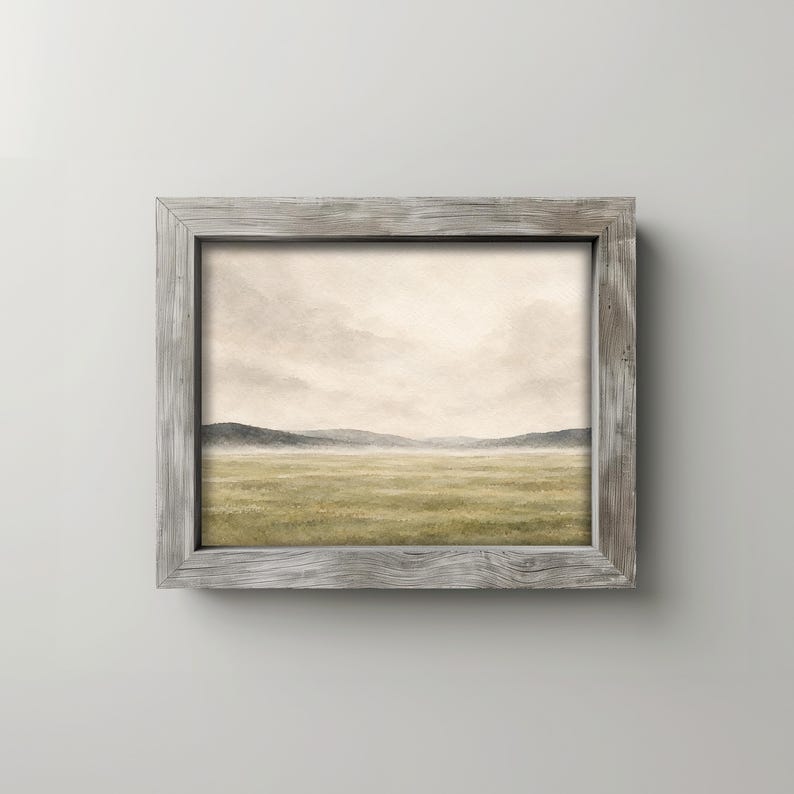 Rolling hills digital print wall art with calm countryside aesthetic and neutral tones