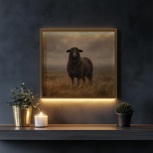 Woolly creature printable picture for study — rustic landscape art with soft earthy hues and misty sky