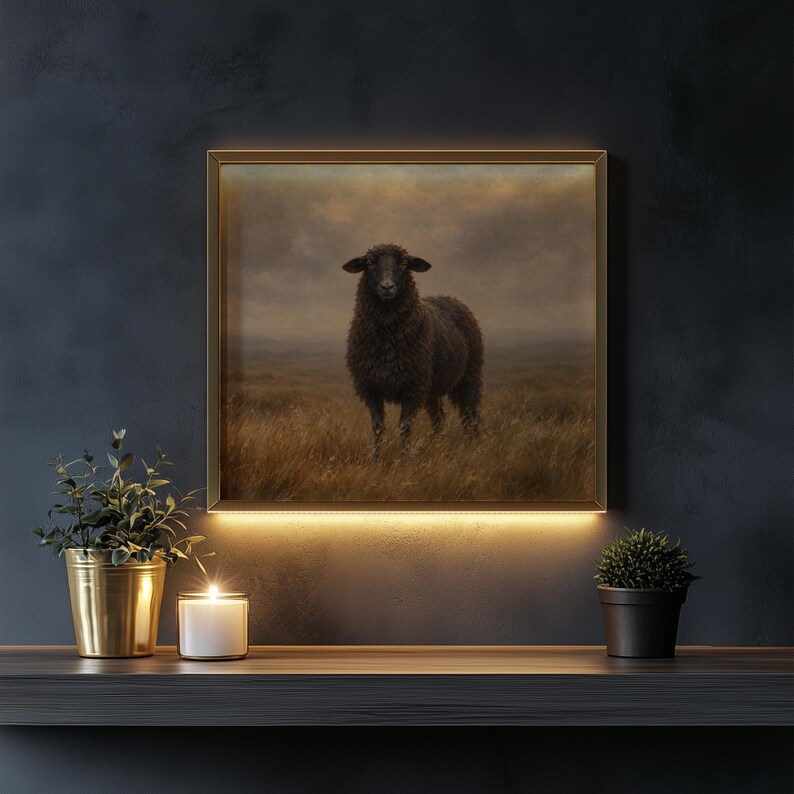 Woolly creature printable picture for study — rustic landscape art with soft earthy hues and misty sky