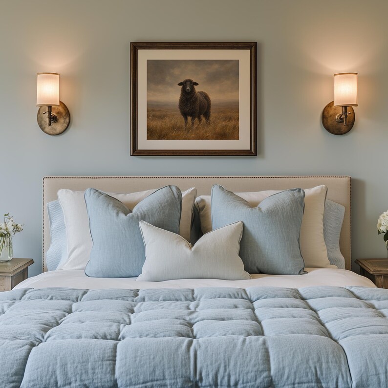Cottage country sheep poster — moody rural painting with golden field and gentle pastoral ambiance