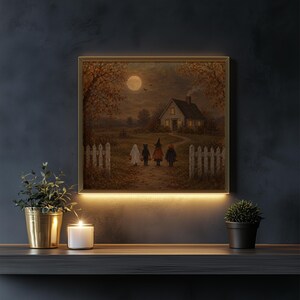 Halloween-themed children portrait wall art for guest room — muted earthy tones with cozy moonlit farmhouse backdrop