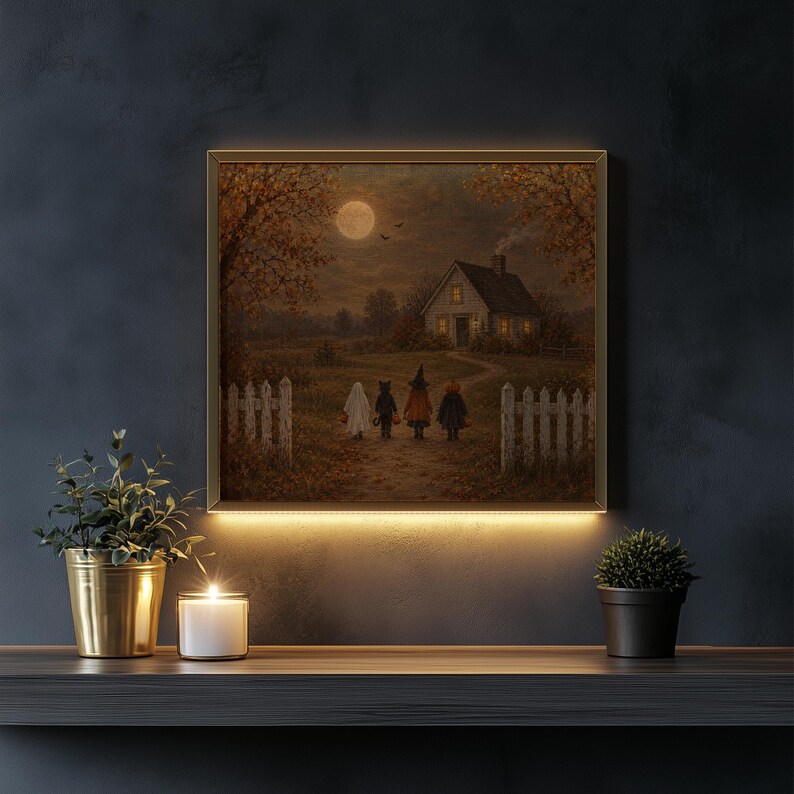 Halloween-themed children portrait wall art for guest room — muted earthy tones with cozy moonlit farmhouse backdrop