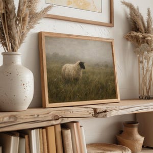 Moody sheep poster for living room — vintage farmhouse art depicting quiet misty field