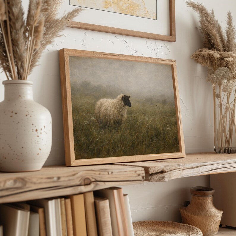 Moody sheep poster for living room — vintage farmhouse art depicting quiet misty field